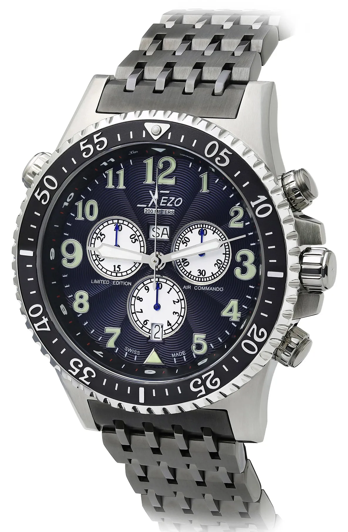 Xezo Air Commando 200-Meter Water Resistant Swiss-Made Chronograph Men's Watch With Second Time Zone (Air Commando D45-SR)