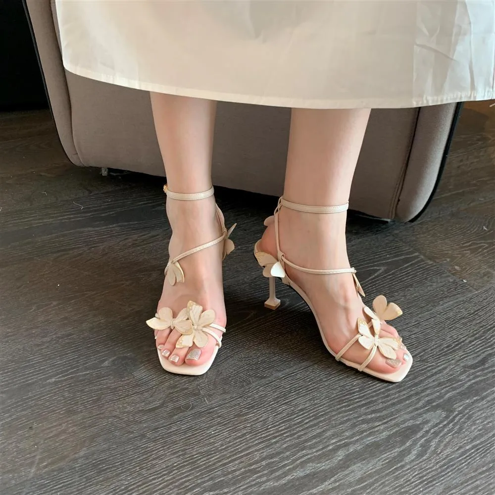 xiangtuibao New European and American Fashion High Heel Sandals Women's  Summer Square Toe Bow Ankle-Strap Buckle Stiletto Heel High Heels Women